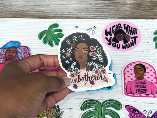 Unbothered Pretty Black Woman Quote 3in Pink Matte Vinyl Waterproof Sticker, Black Girl, Unbothered, Weatherproof Sticker, Feminine, Floral