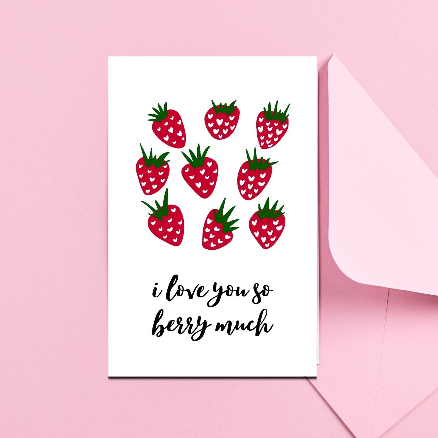 I Love You Berry Much Valentine's Day Greeting Card, Happy Cute Strawberry, Happy Face, Berry Pun, Punny Card, Handmade,