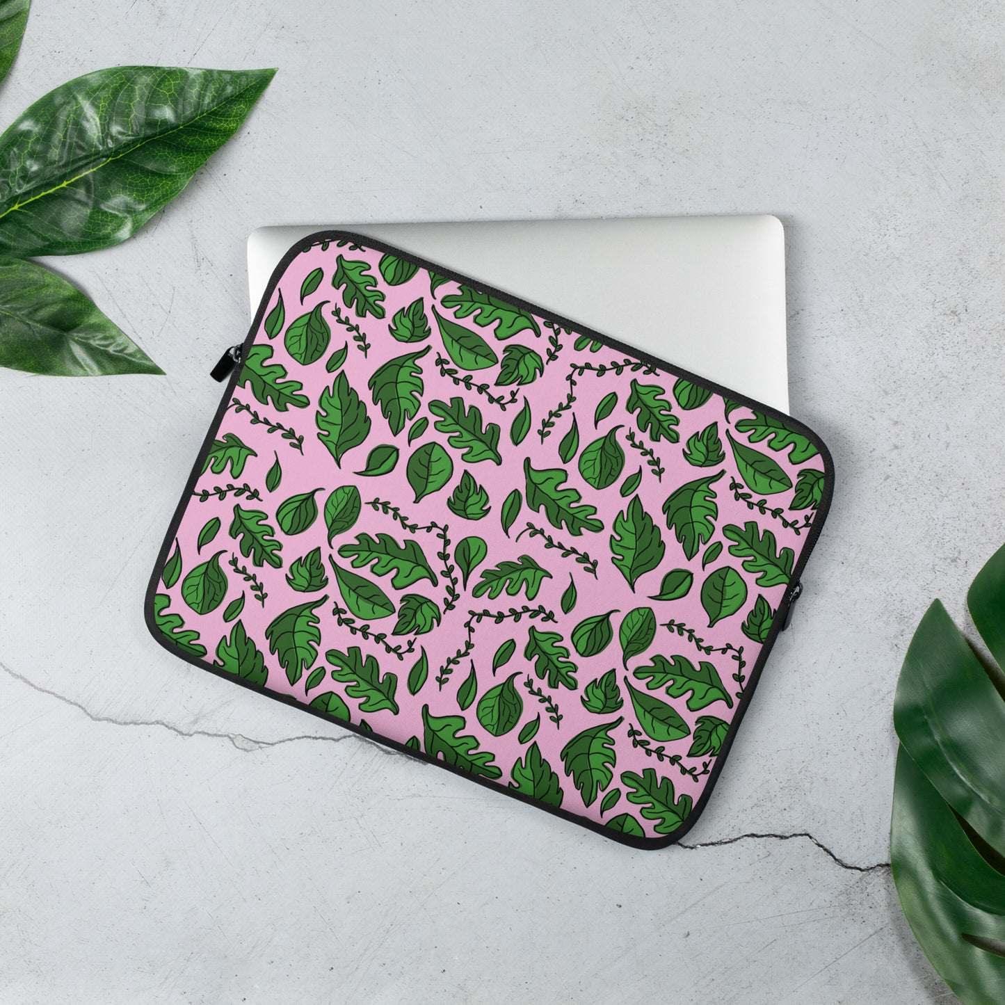 Plant Lover Leaf Pattern Pink Laptop Sleeve