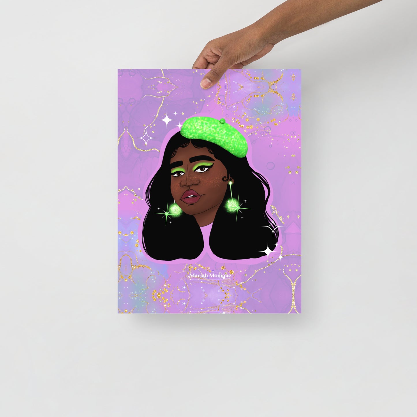 Beret Black Girl Photo Art Print | Luster Matte, Black Woman, Black Woman Wall Art, Illustration, green purple, Alcohol Ink, Watercolor,Cute