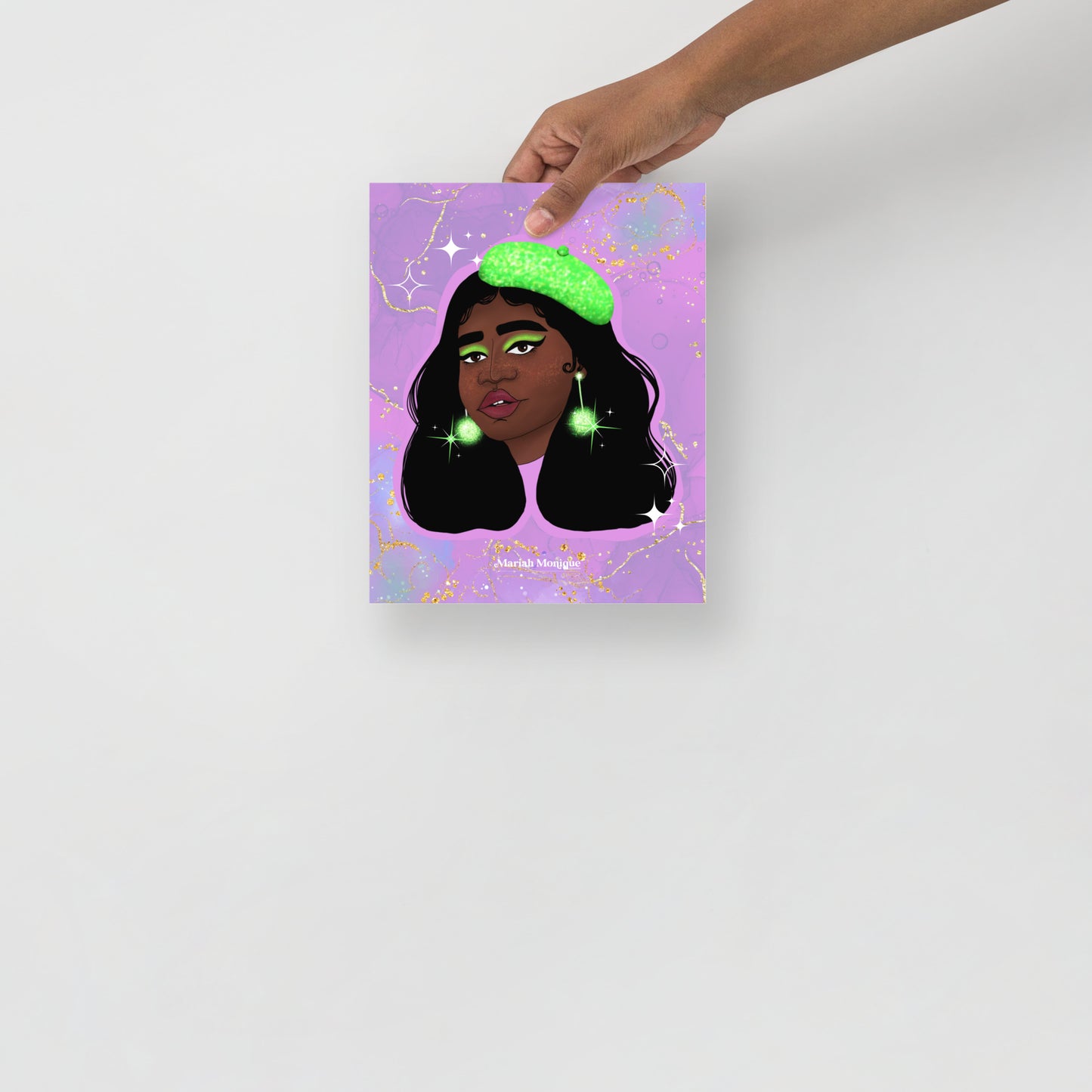 Beret Black Girl Photo Art Print | Luster Matte, Black Woman, Black Woman Wall Art, Illustration, green purple, Alcohol Ink, Watercolor,Cute