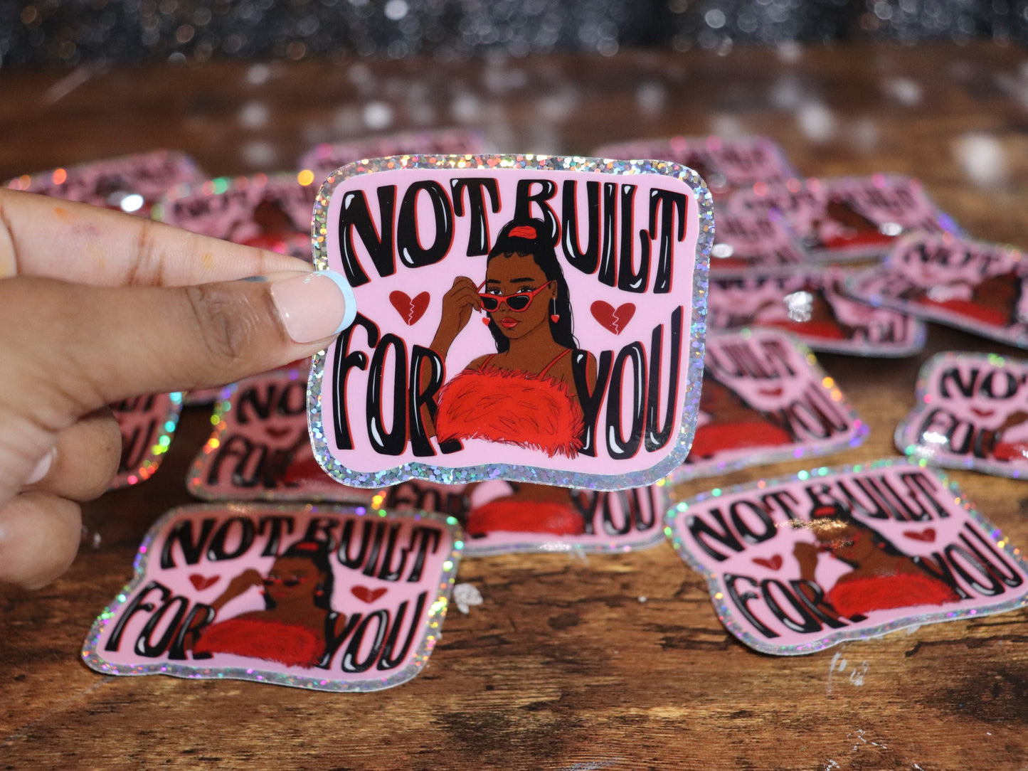 Not Built For You Glitter Pink Red Vinyl Waterproof Sticker, Black Girl Sticker, Black Woman Gift, Pink,Preppy Aesthetic, Water Bottle,Cute